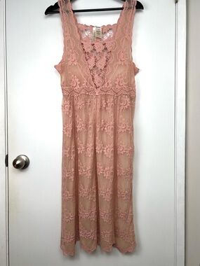 Forgotten Grace Sheer Crochet Lace Boho Midi Maxi Dress S/M Dusty Rose Festival